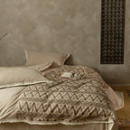 Premium cotton bedding set with woven ethnic overlay and fringes