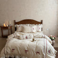 Romantic cotton-linen bedding set with ruffle, rose embroidery and bolster pillow