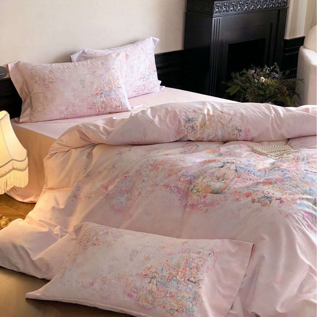 delicate cotton satin bedding set with a fairy-tale watercolor design