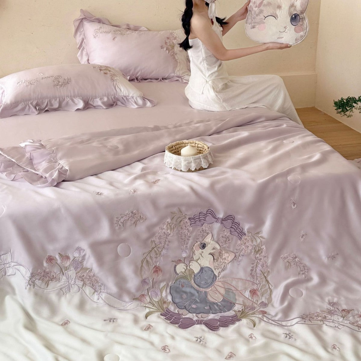 Romantic satin bedding complete set with embroidered bedspread and frill