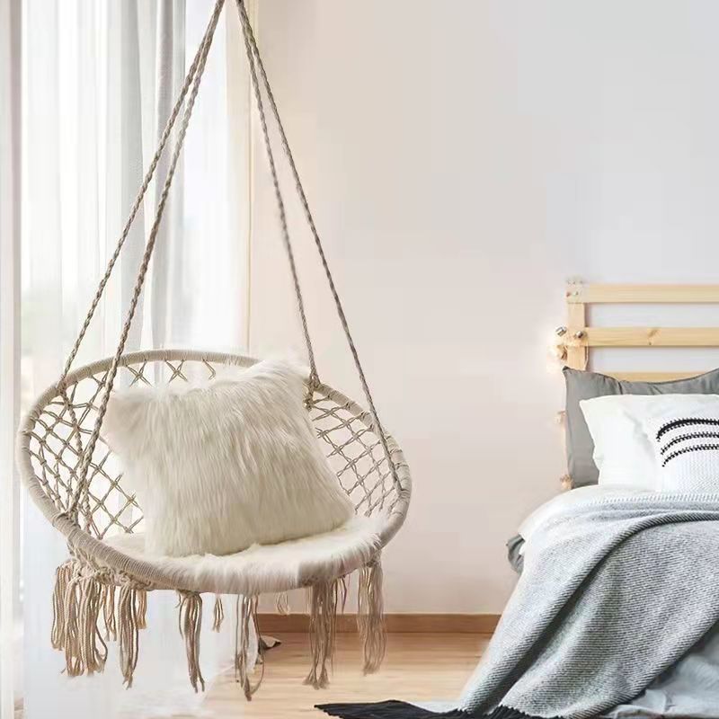 Boho Macrame Hanging Swing Chair with Faux Fur Cushion and Fringe