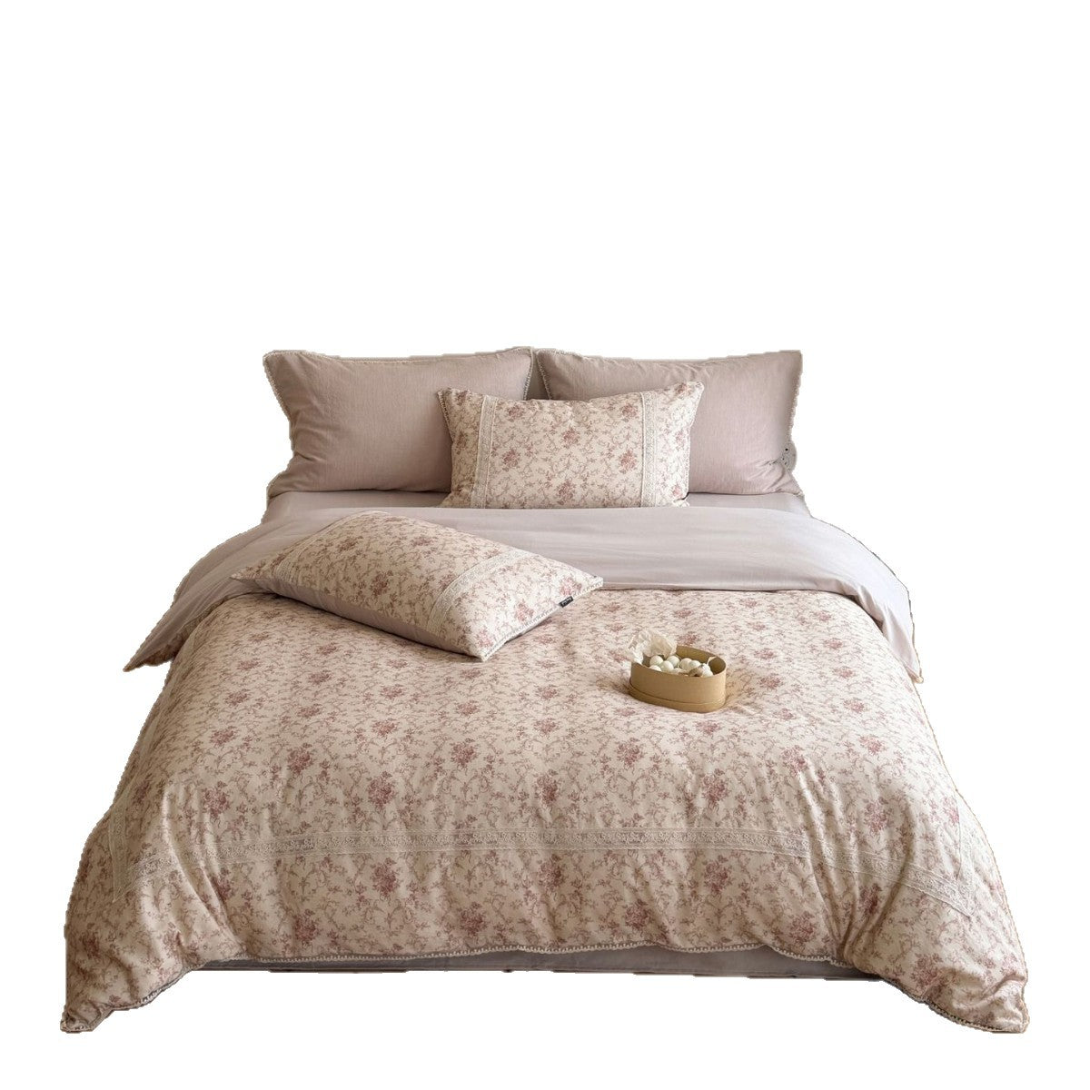 Cotton Percale Duvet Cover Set with Country Flower Pattern, Reversible Function and Lace Border
