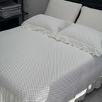 Quilted cotton bedspread set with honeycomb quilting, lace trim, and matching pillow covers