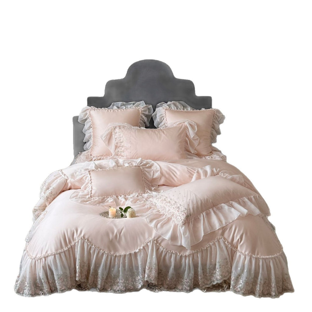 Luxurious romantic bedding set with lace ruffles and embroidered cotton satin