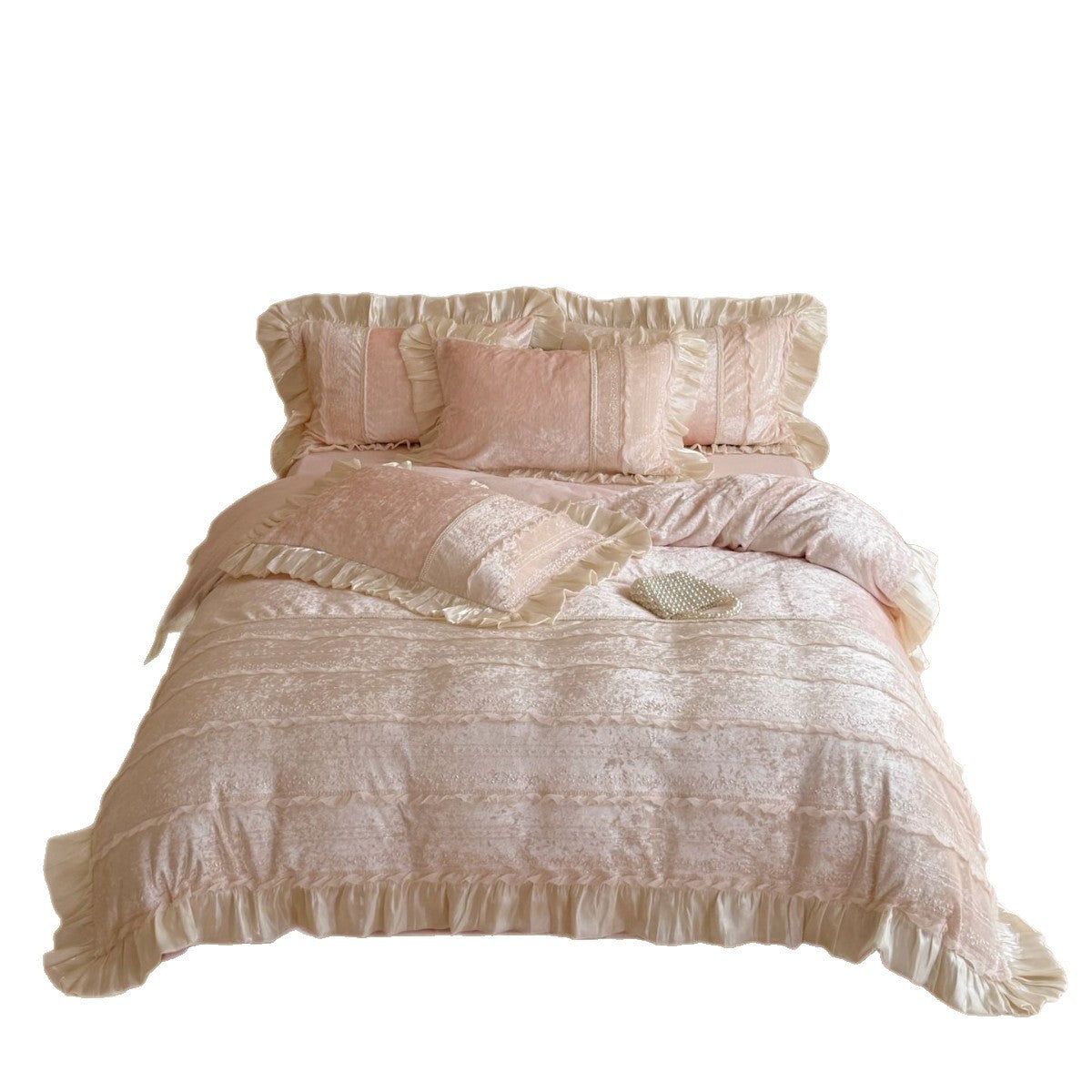 Velvet Bedding Set with Ruffles and Lace Trim