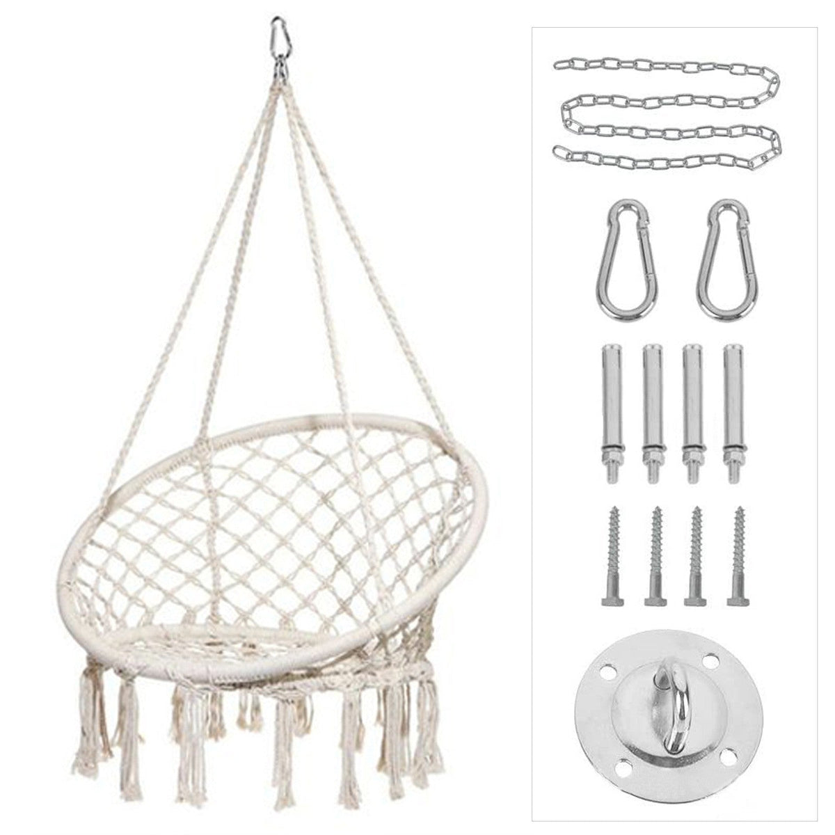 Macrame Hanging Chair with Complete Ceiling Mounting Kit and Decorative Tassel Fringe