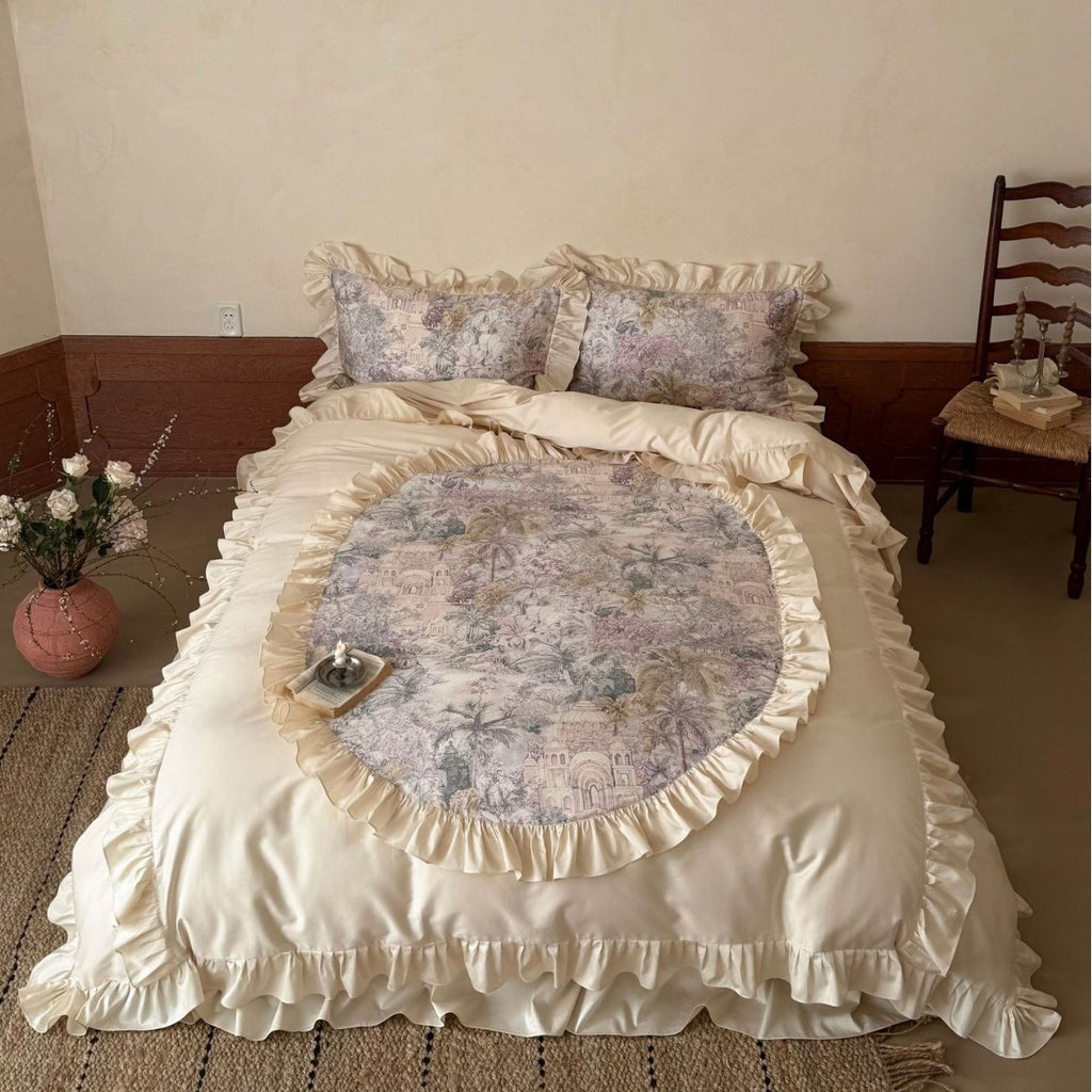 Romantic satin bedding set with ruffle and fine toile print
