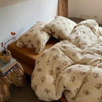 Natural cotton-linen duvet cover set with a crinkled linen look and floral tone-on-tone pattern