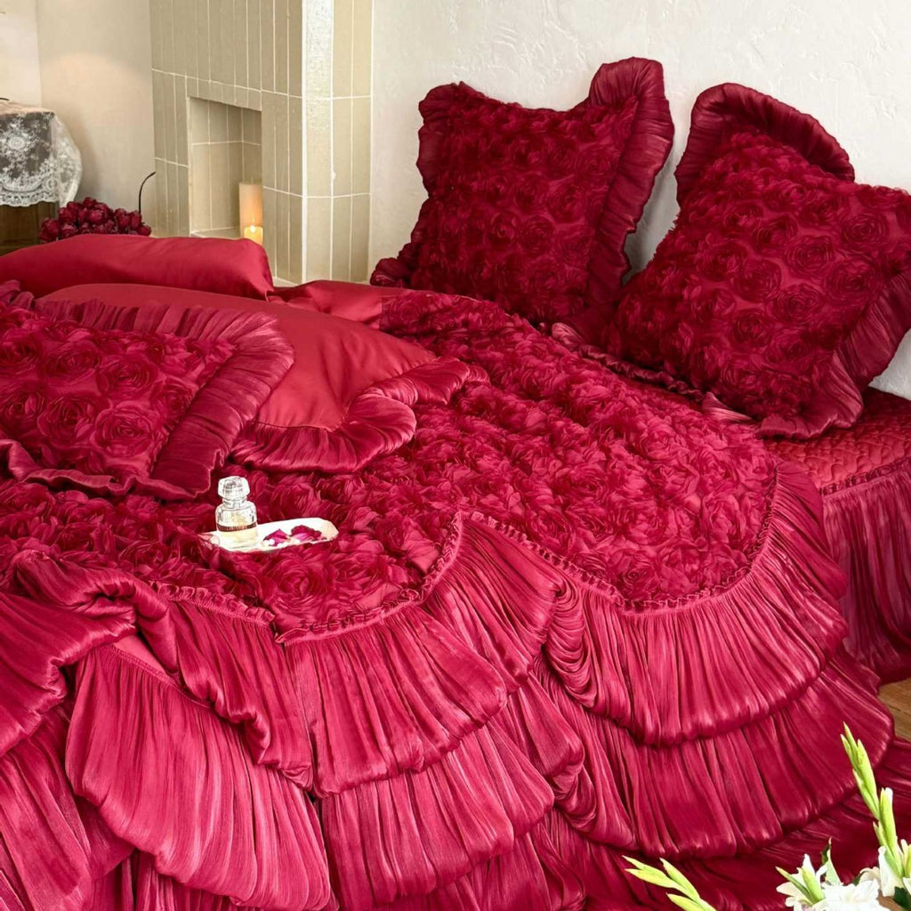 Romantic quilted bedspread with 3D rose appliqué, pleated frills and pillowcases