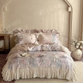 Satin bedding set with floral print, ruffles and lace trim