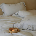 Romantic bed linen set made of cotton percale with frill, fine Vichy check and embroidered accents
