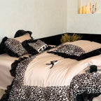 Premium Satin Bed Cover Set with Leopard Accent and Chiffon Ruffle
