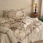 Floral Cotton-Linen Duvet Cover Set with Ruffled Edge, Decorative Piping and Bow Closure