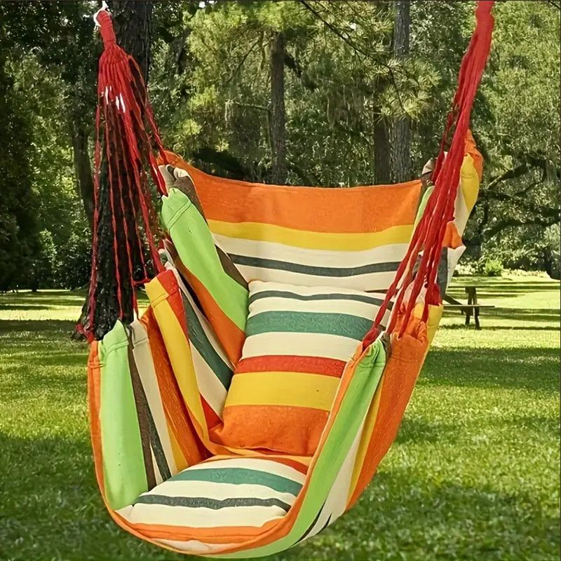 Hanging Hammock Chair with Reinforced Cotton Canvas and Integrated Arm Pockets
