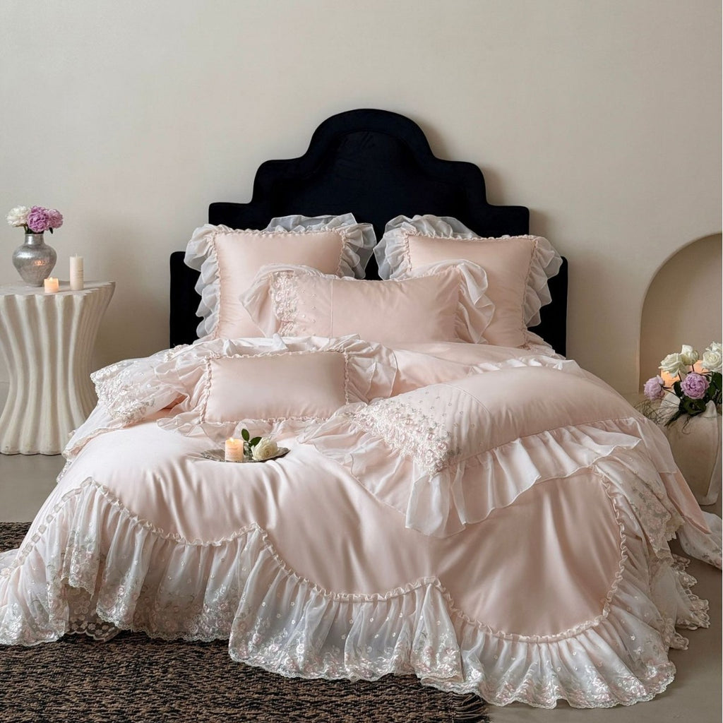 Luxurious romantic bedding set with lace ruffles and embroidered cotton satin