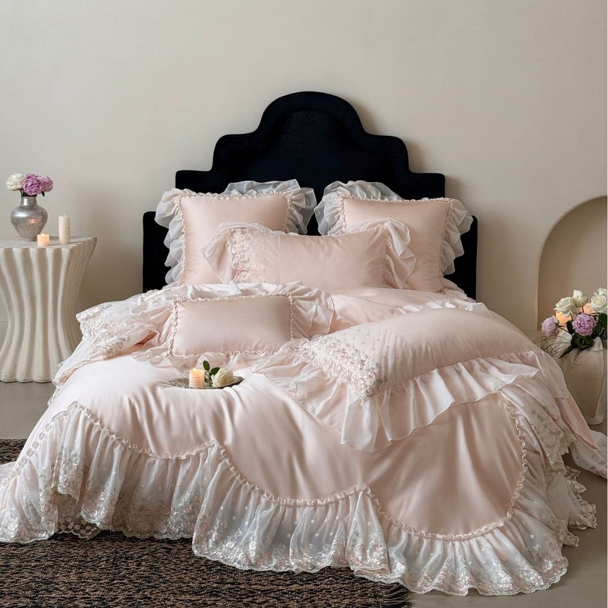 Luxurious romantic bedding set with lace ruffles and embroidered cotton satin
