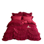 Romantic quilted bedspread with 3D rose appliqué, pleated frills and pillowcases
