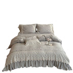 Bedding set made of cotton-linen with floral embroidery, ruffles & lace