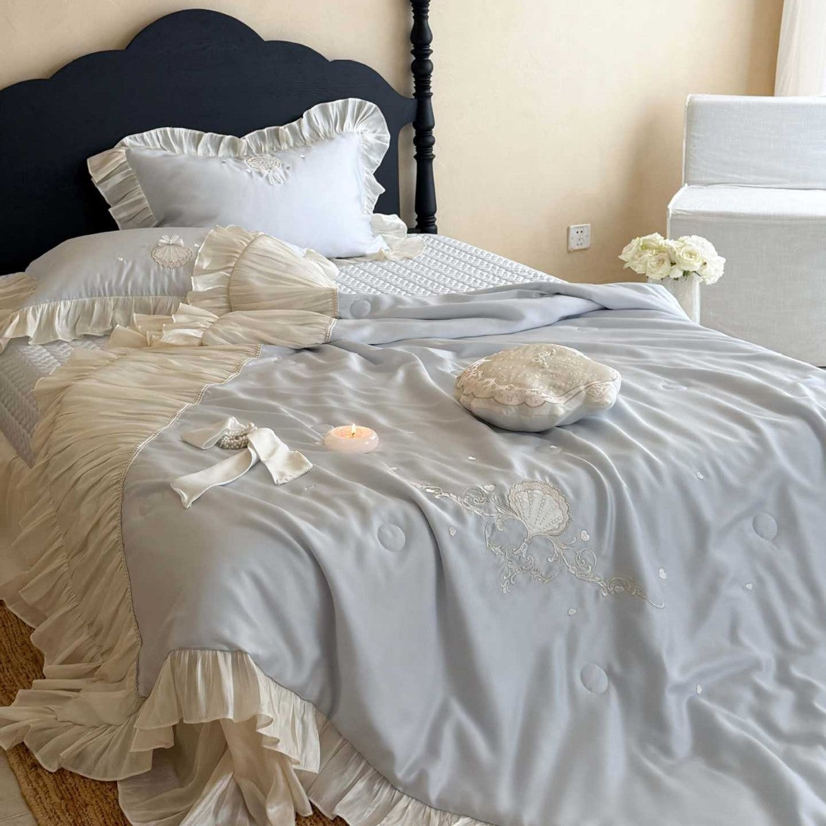 Romantic bedspread set with pleated ruffles, fine embroidery and decorative pillows