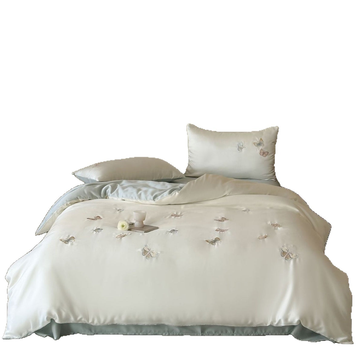 Luxury satin duvet cover set with embroidered butterfly appliqués
