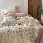 Romantic vintage bedding set with ruffle, floral print, and softly quilted comforter