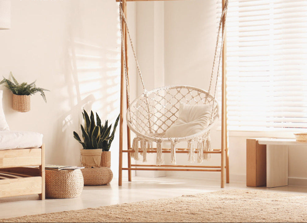 Macrame Hanging Chair with Complete Ceiling Mounting Kit and Decorative Tassel Fringe