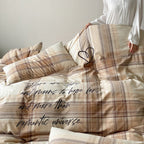 Checked cotton percale bed linen set with calligraphic script print