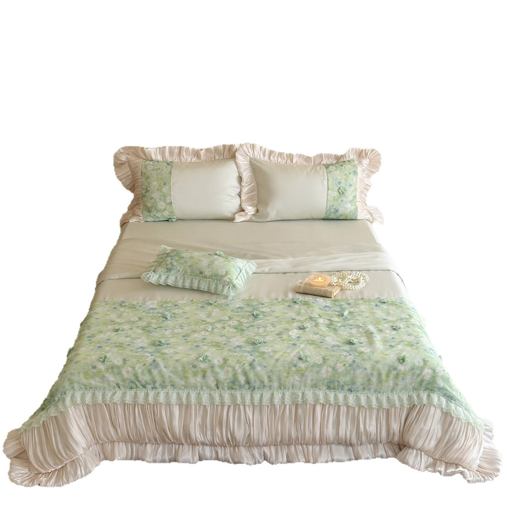 Bedding set with transparent chiffon overlay, 3D flower appliqués & ruffled edge