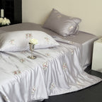Luxurious Embroidered Satin Bedding Set with Rose Pattern and Ribbon Pillow