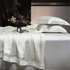 Satin-Duvet cover set with woven check jacquard and decorative border