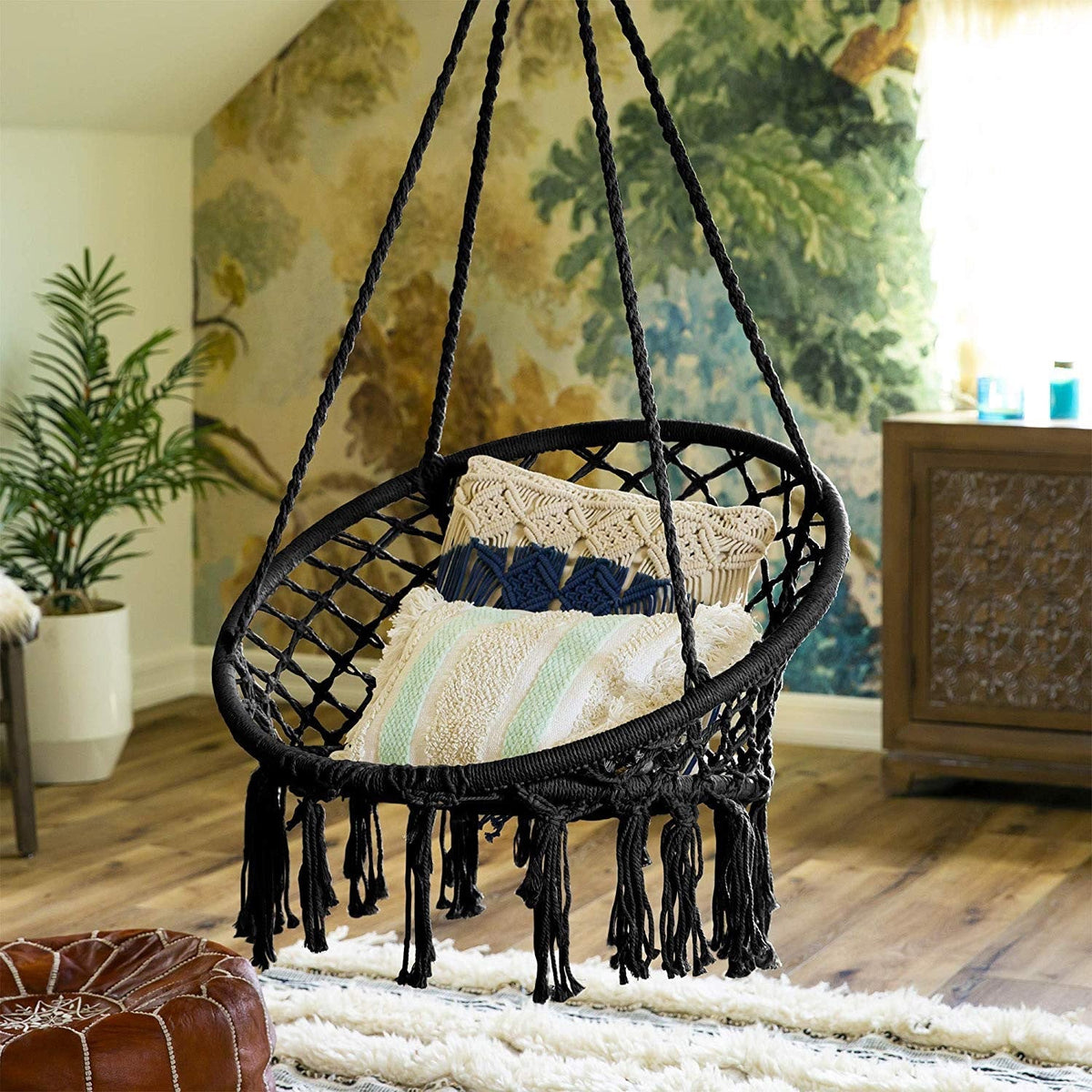 Macrame Hanging Swing Chair Boho Woven Fringe Indoor Outdoor Hammock Seat