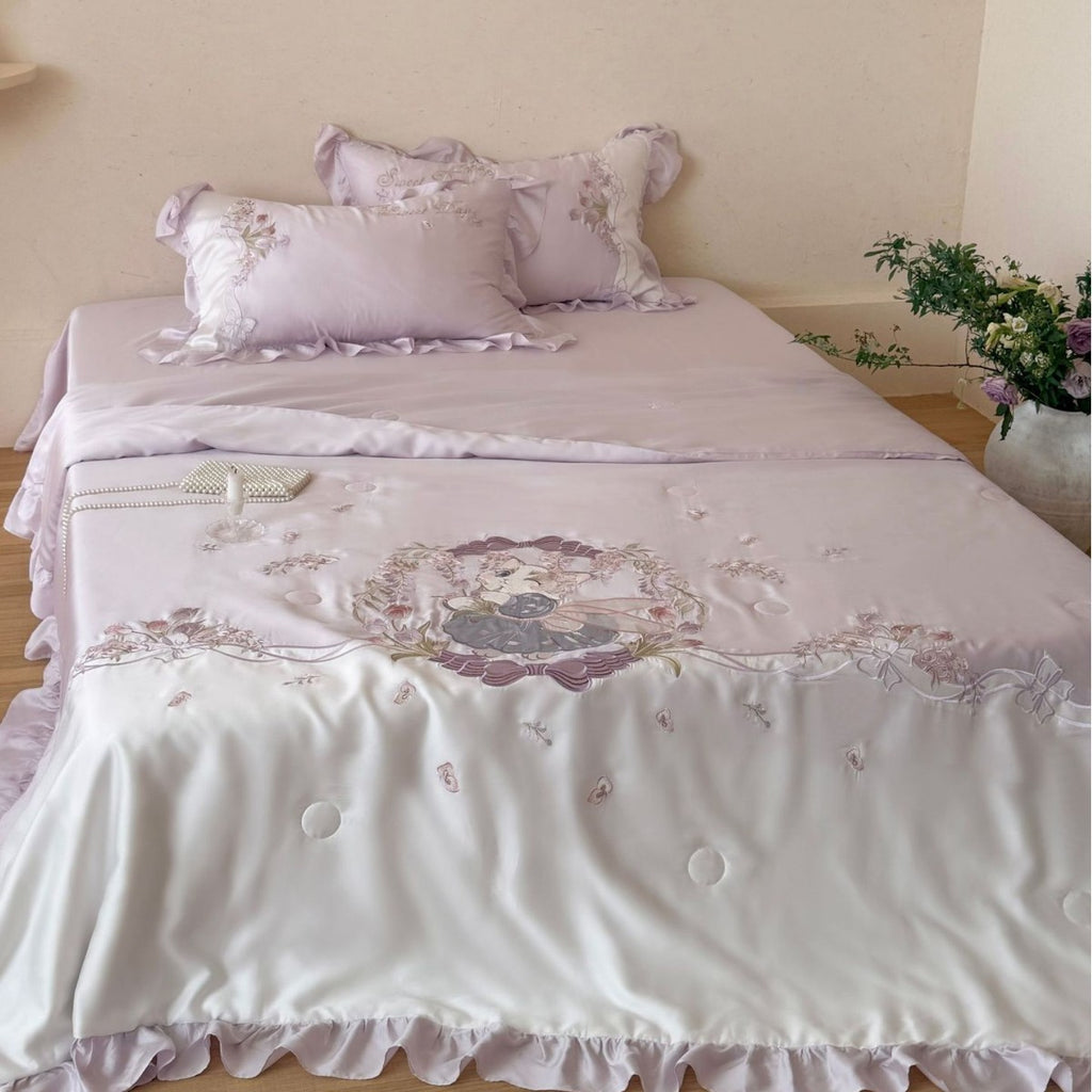 Romantic satin bedding complete set with embroidered bedspread and frill
