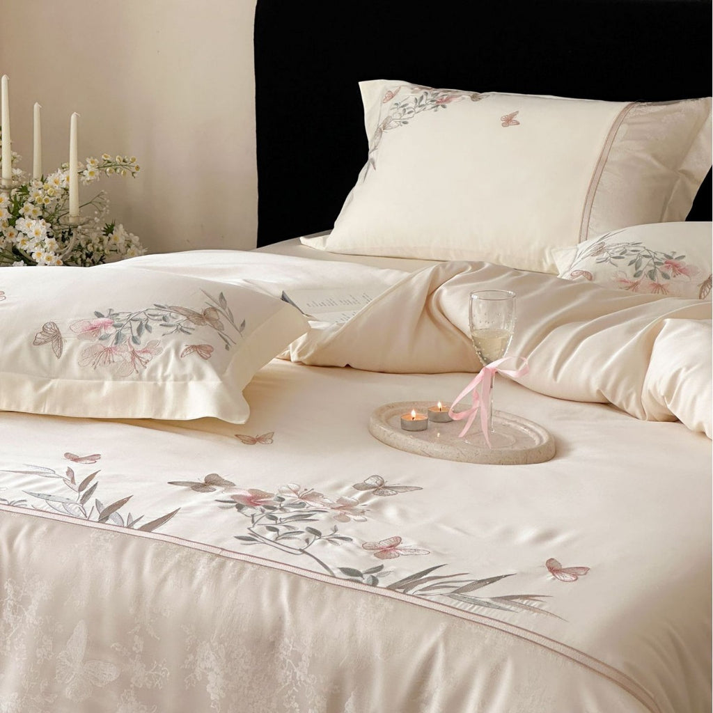 Satin bedding set with delicate flower and butterfly embroidery