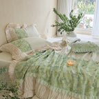 Bedding set with transparent chiffon overlay, 3D flower appliqués & ruffled edge