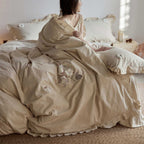 Cotton-Linen Duvet Cover Set with Ruffles and Embroidered Floral Design