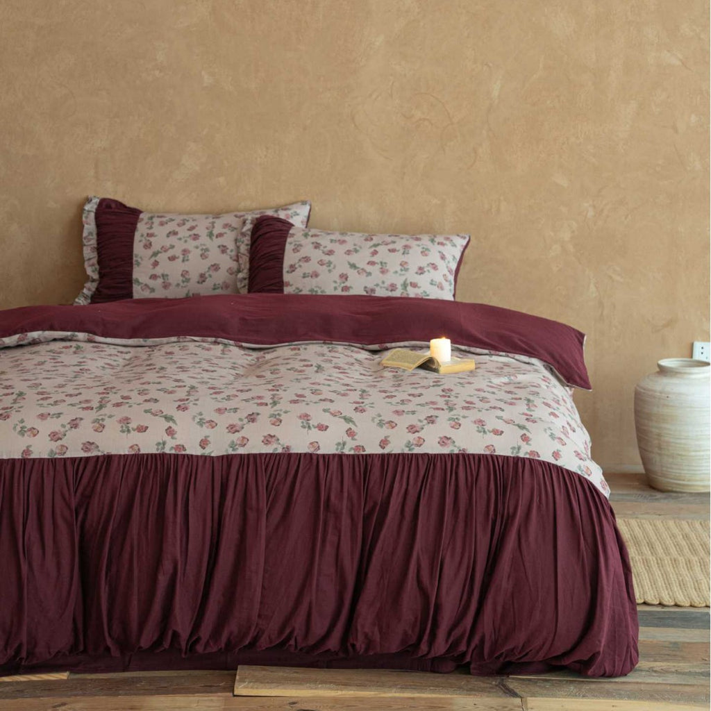 Romantic cotton satin bedding set with ruffled bed skirt and floral print