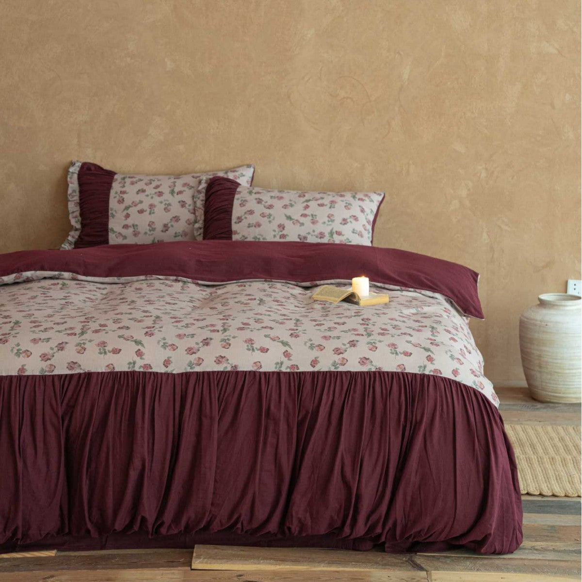 Romantic cotton satin bedding set with ruffled bed skirt and floral print