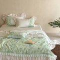 Bedding set with transparent chiffon overlay, 3D flower appliqués & ruffled edge