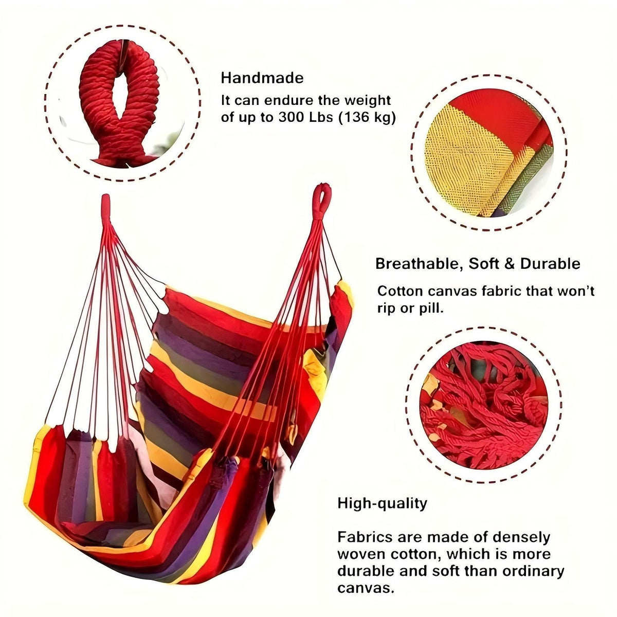 Hanging Hammock Chair with Reinforced Cotton Canvas and Integrated Arm Pockets