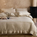Bedding set made of washed linen with decorative lace trim and ruffle