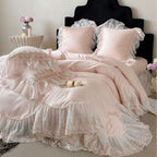 Luxurious romantic bedding set with lace ruffles and embroidered cotton satin