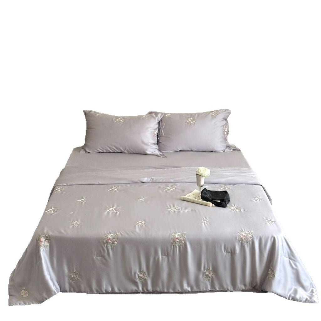 Luxurious Embroidered Satin Bedding Set with Rose Pattern and Ribbon Pillow