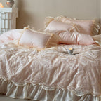 Opulent satin bed set with jacquard-embroidered bedspread and voluminous ruffle hem