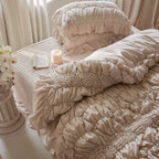 Luxurious cotton bedding set with ruffles and smocking look
