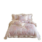 Vintage-style bedding set in silky satin with ruffled border and lace panel