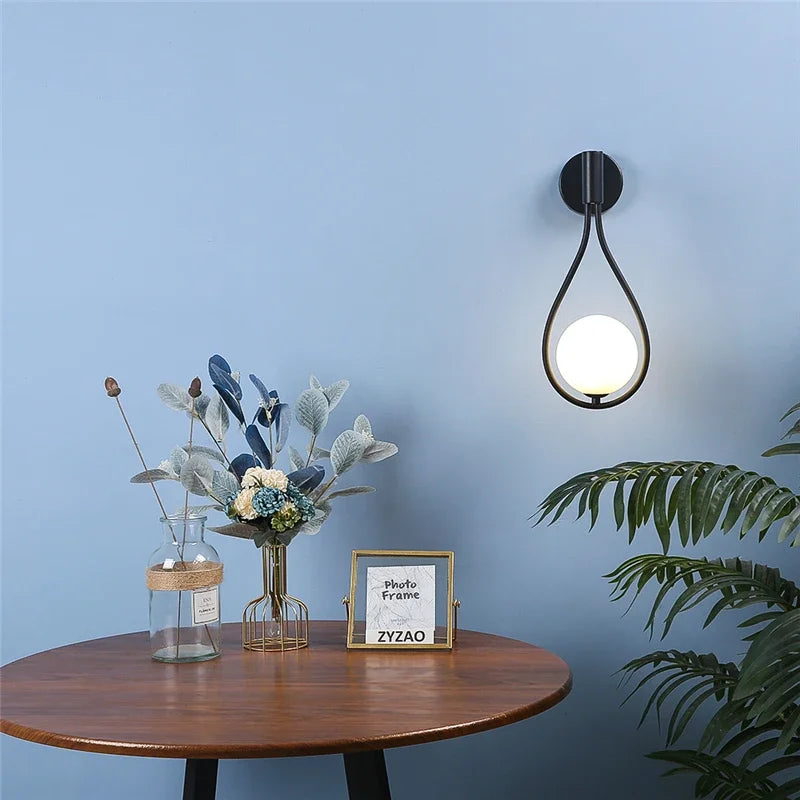 Modern metal wire and glass ball wall lamp - Scandinavian wall lighting for living room, bedroom, hallway, foyer and stairs - AC powered, LED bulb included