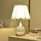 Luxury European style LED table lamp with fabric lampshade & crystal base – Warm romantic bedroom nightstand lamp