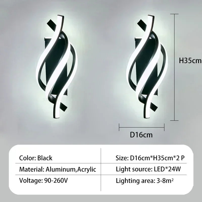 Modern LED Wall Lamp - Curved Spiral Design, Up & Down Wall Switch for Living Room, Bedroom, Kitchen and Bathroom, Black, Gold & White