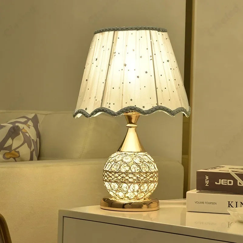 Luxury European style LED table lamp with fabric lampshade & crystal base – Warm romantic bedroom nightstand lamp