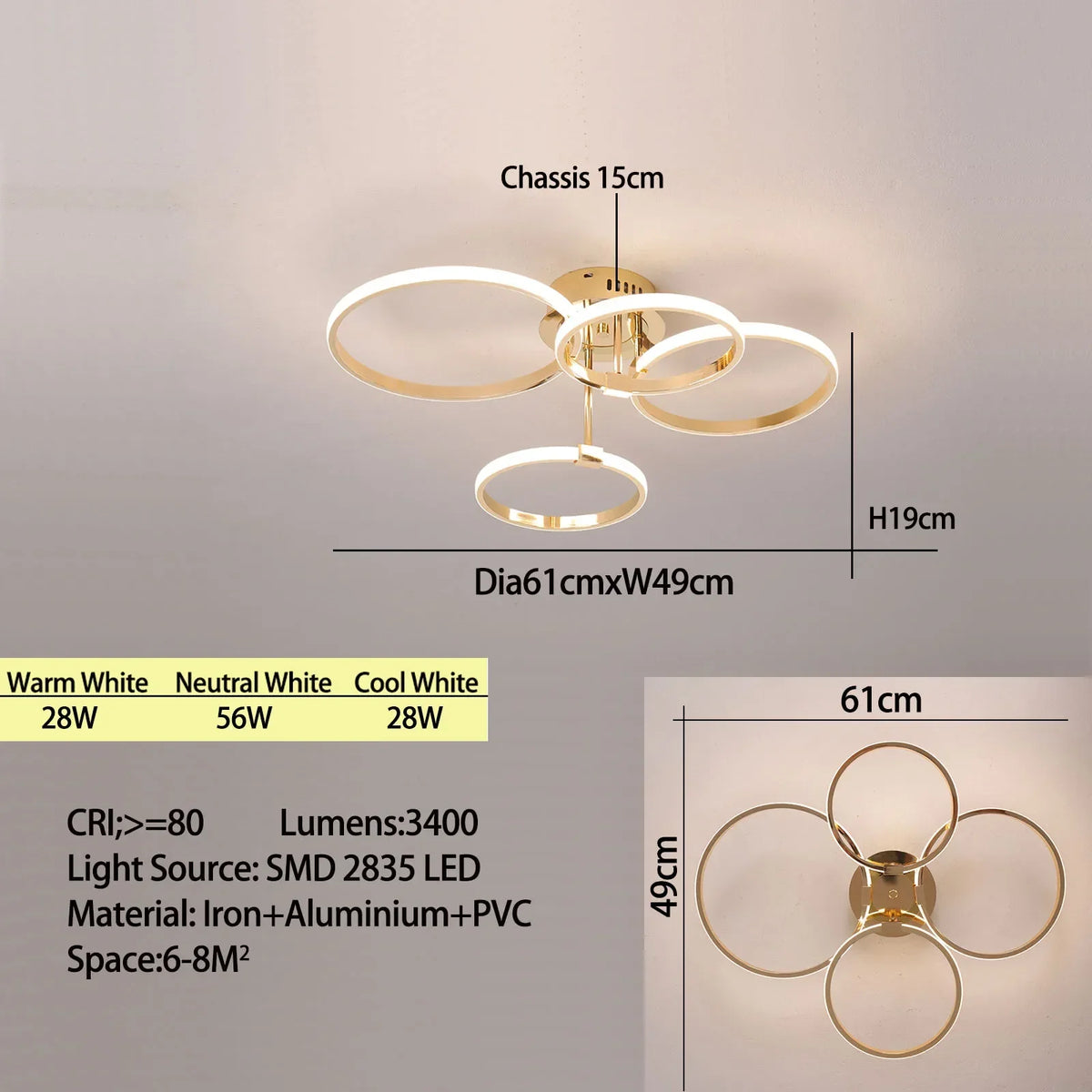 Modern LED ceiling chandelier – Dimmable lighting with remote control & app control, Gold/Chrome/Black finish, for living room & bedroom